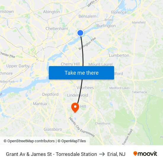 Grant Av & James St - Torresdale Station to Erial, NJ map