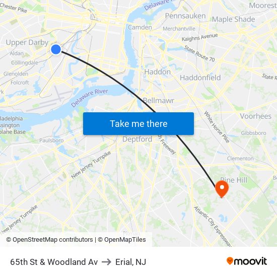 65th St & Woodland Av to Erial, NJ map