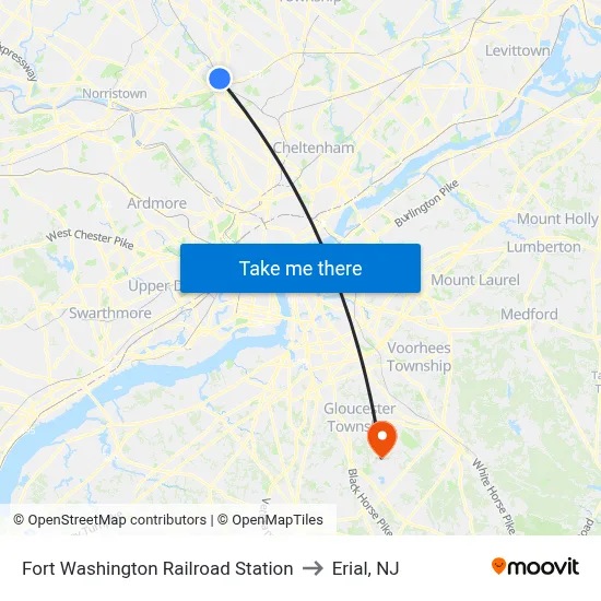 Fort Washington Railroad Station to Erial, NJ map