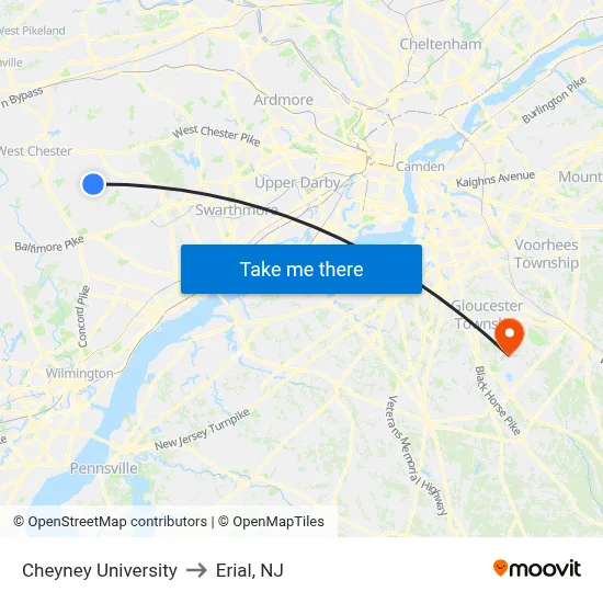 Cheyney University to Erial, NJ map