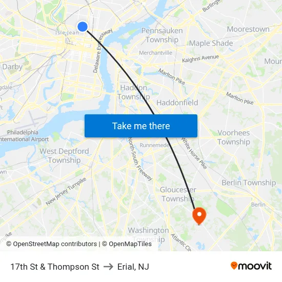 17th St & Thompson St to Erial, NJ map