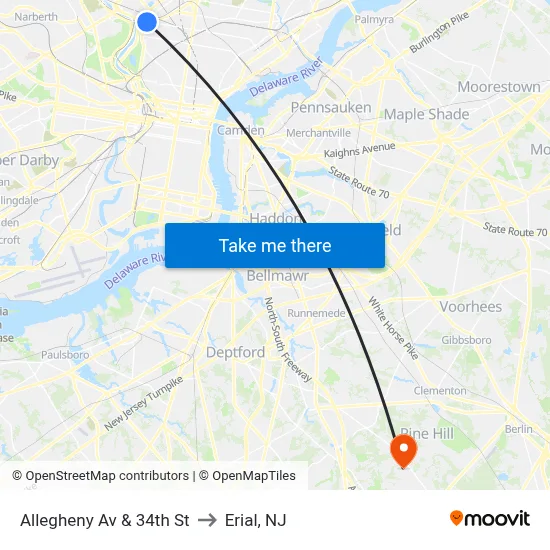 Allegheny Av & 34th St to Erial, NJ map