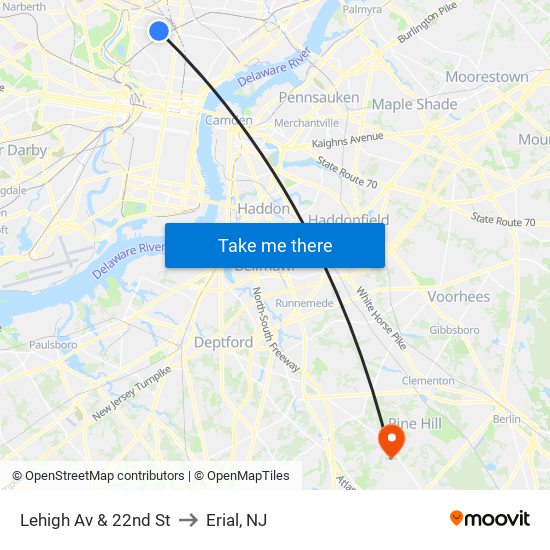 Lehigh Av & 22nd St to Erial, NJ map
