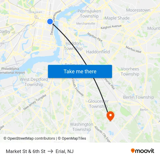Market St & 6th St to Erial, NJ map