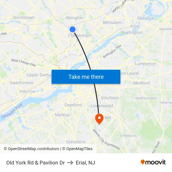 Old York Rd & Pavilion Dr to Erial, NJ map