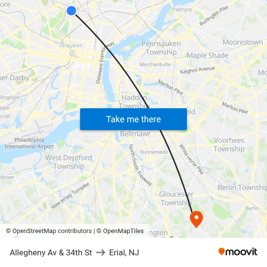 Allegheny Av & 34th St to Erial, NJ map