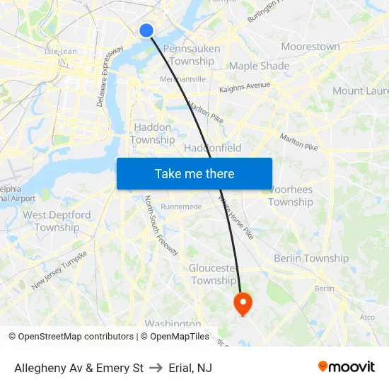 Allegheny Av & Emery St to Erial, NJ map