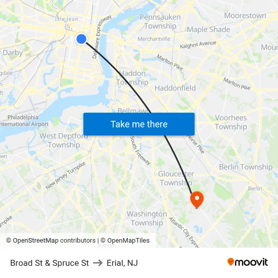Broad St & Spruce St to Erial, NJ map