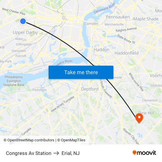 Congress Av Station to Erial, NJ map