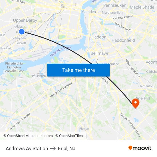 Andrews Av Station to Erial, NJ map