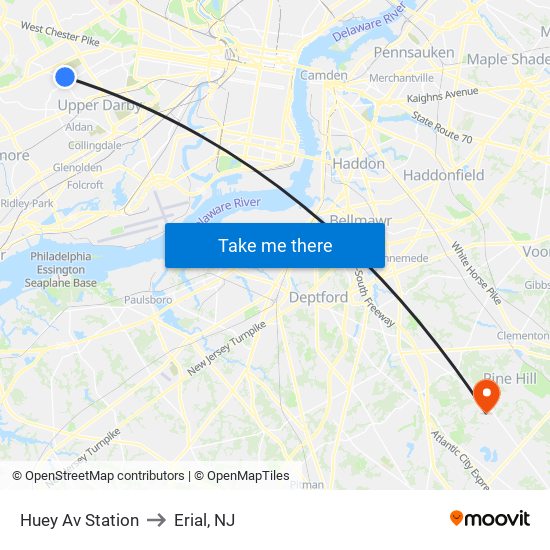 Huey Av Station to Erial, NJ map