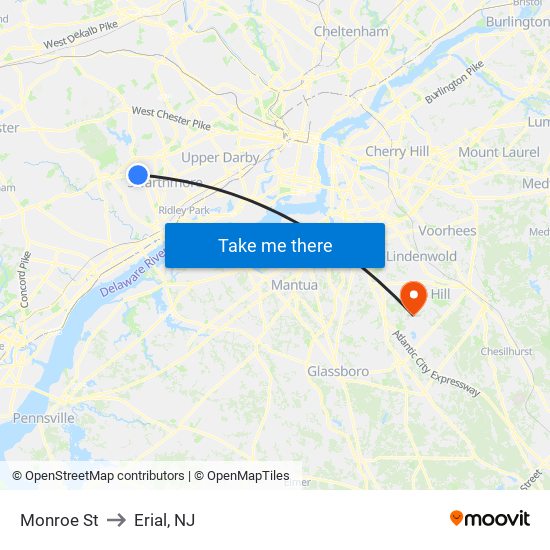 Monroe St to Erial, NJ map