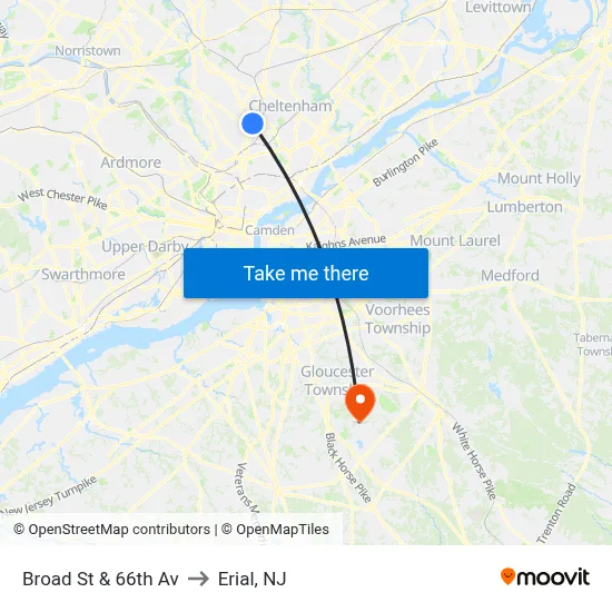 Broad St & 66th Av to Erial, NJ map