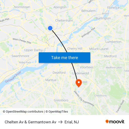 Chelten Av & Germantown Av to Erial, NJ map