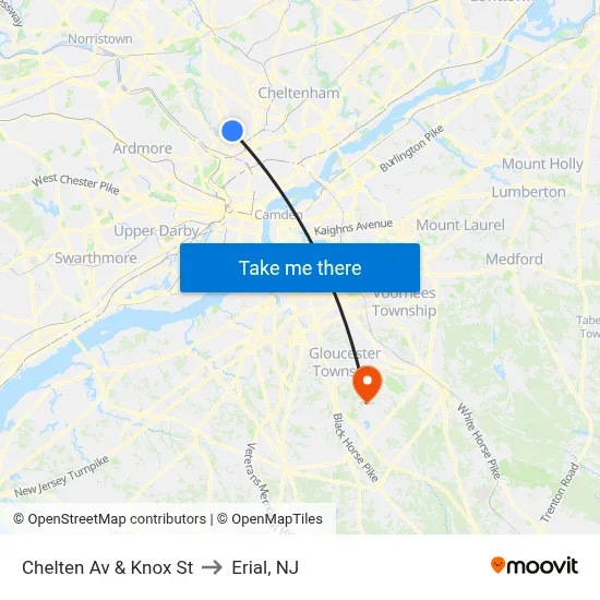 Chelten Av & Knox St to Erial, NJ map