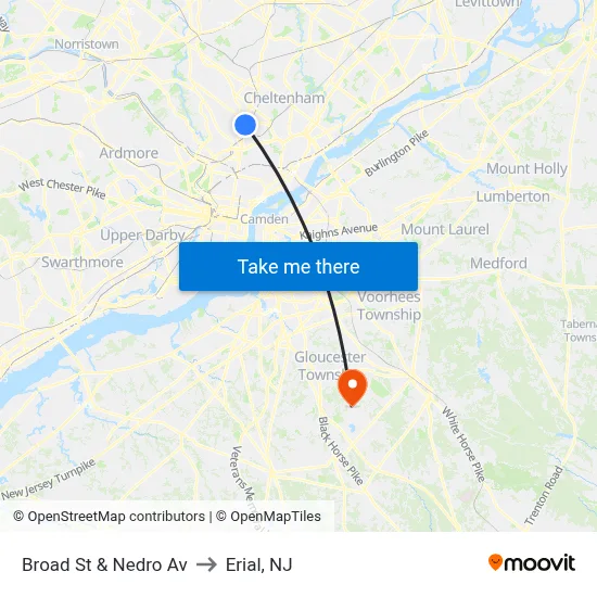 Broad St & Nedro Av to Erial, NJ map