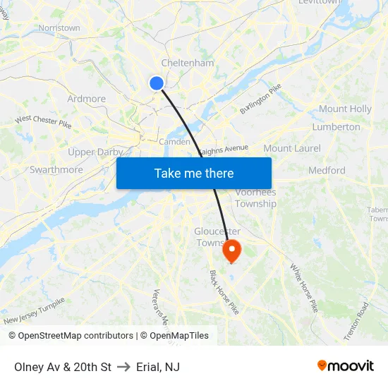 Olney Av & 20th St to Erial, NJ map