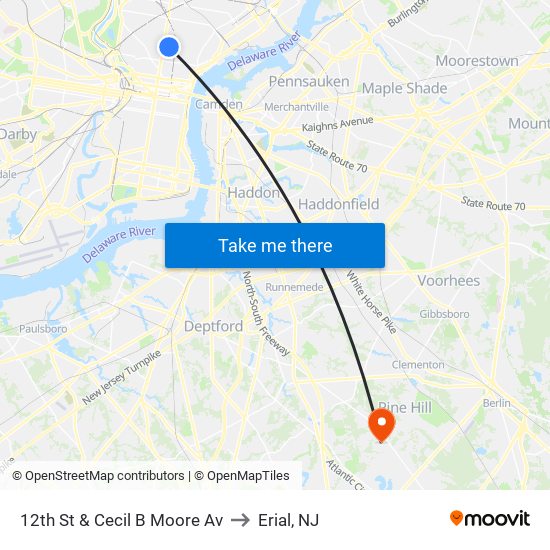 12th St & Cecil B Moore Av to Erial, NJ map