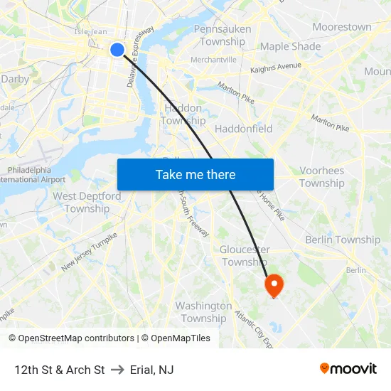 12th St & Arch St to Erial, NJ map