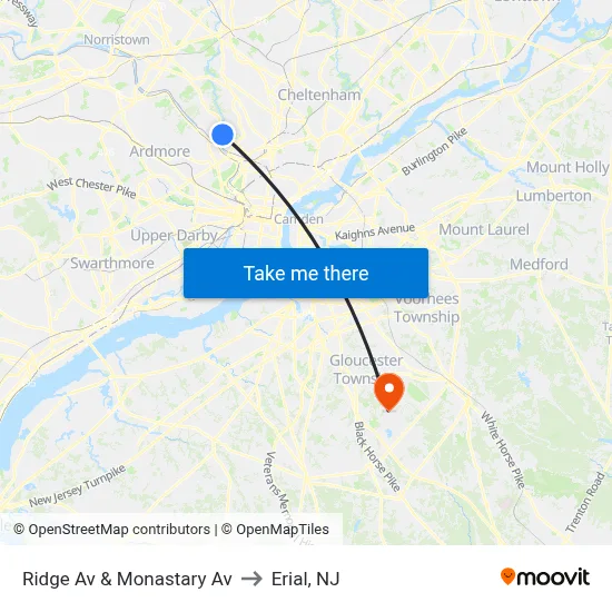 Ridge Av & Monastary Av to Erial, NJ map