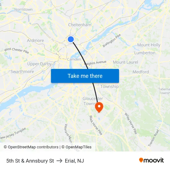 5th St & Annsbury St to Erial, NJ map