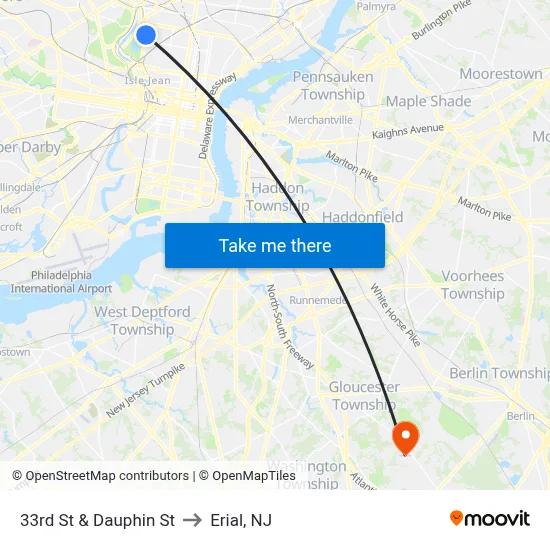 33rd St & Dauphin St to Erial, NJ map