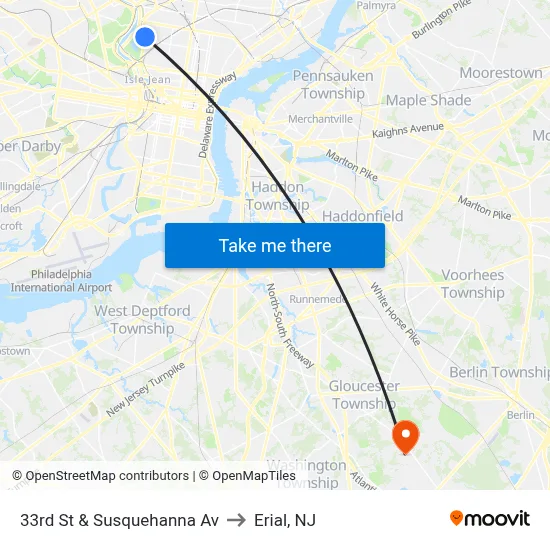 33rd St & Susquehanna Av to Erial, NJ map