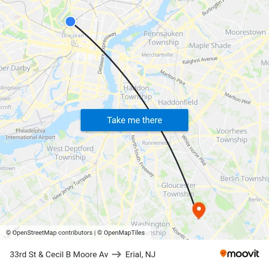 33rd St & Cecil B Moore Av to Erial, NJ map