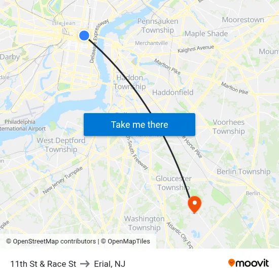 11th St & Race St to Erial, NJ map