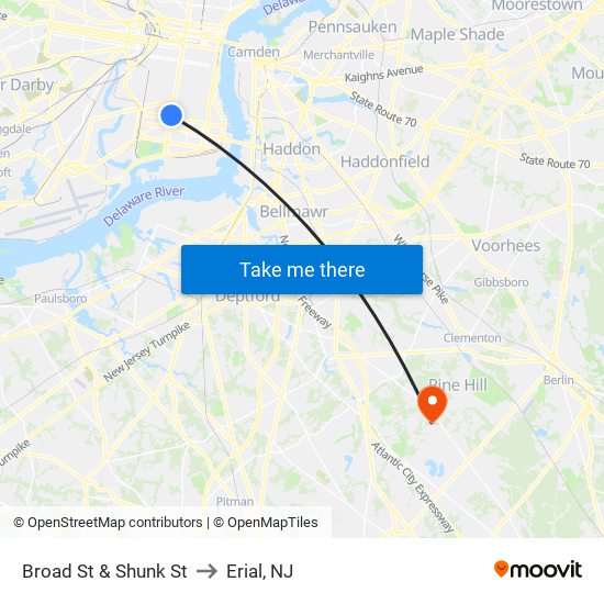 Broad St & Shunk St to Erial, NJ map