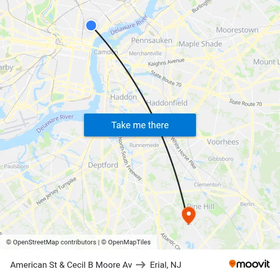 American St & Cecil B Moore Av to Erial, NJ map