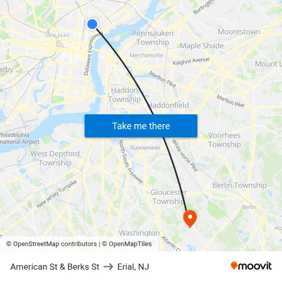 American St & Berks St to Erial, NJ map