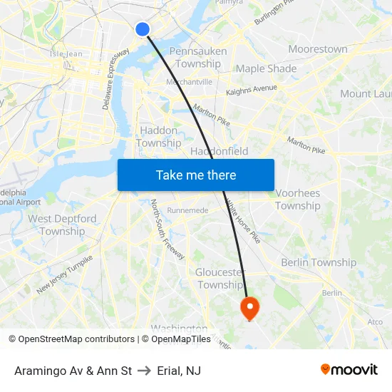 Aramingo Av & Ann St to Erial, NJ map
