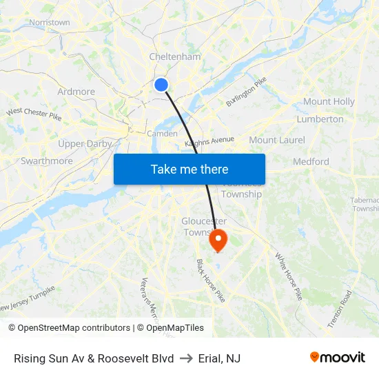 Rising Sun Av & Roosevelt Blvd to Erial, NJ map