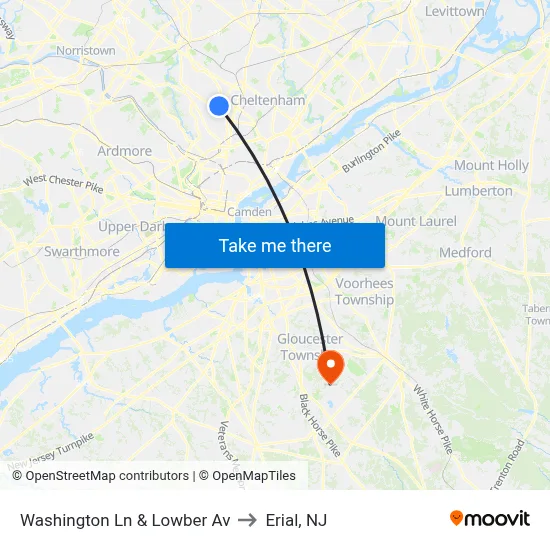Washington Ln & Lowber Av to Erial, NJ map
