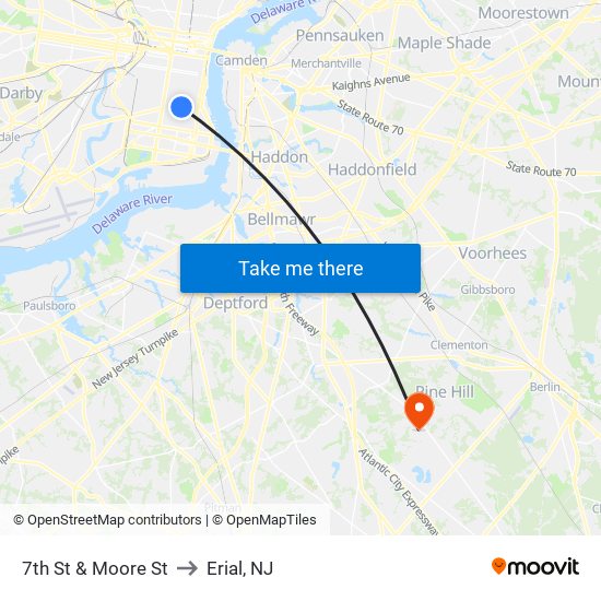 7th St & Moore St to Erial, NJ map