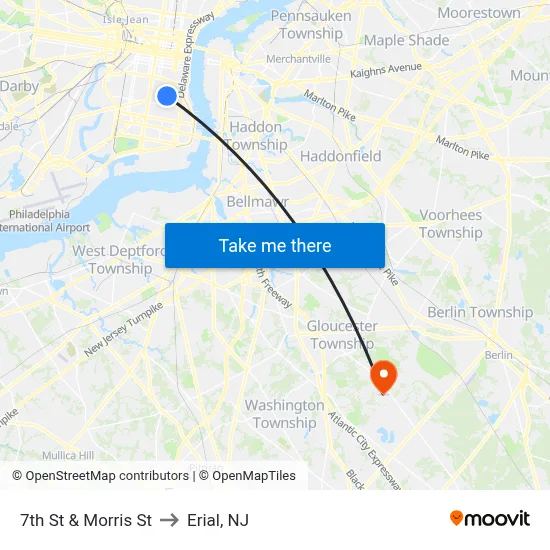 7th St & Morris St to Erial, NJ map