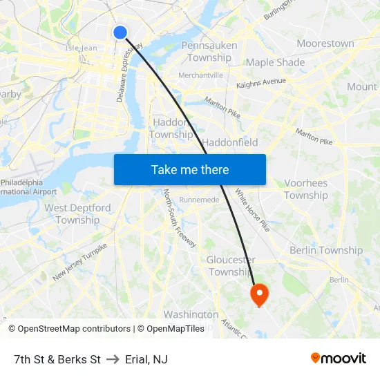 7th St & Berks St to Erial, NJ map