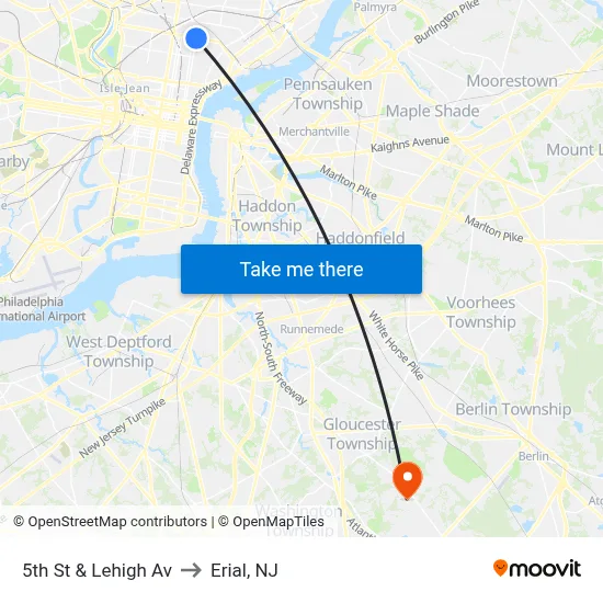 5th St & Lehigh Av to Erial, NJ map