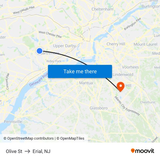 Olive St to Erial, NJ map