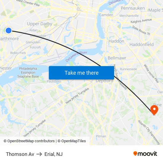 Thomson Av to Erial, NJ map