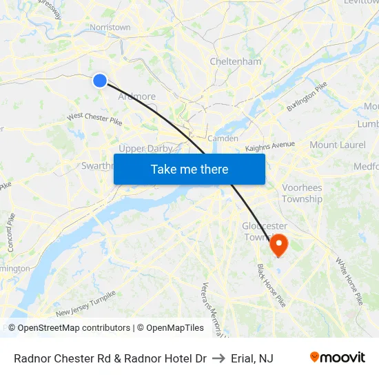 Radnor Chester Rd & Radnor Hotel Dr to Erial, NJ map