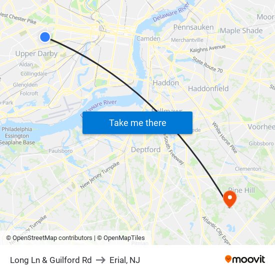 Long Ln & Guilford Rd to Erial, NJ map