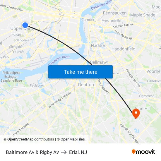 Baltimore Av & Rigby Av to Erial, NJ map