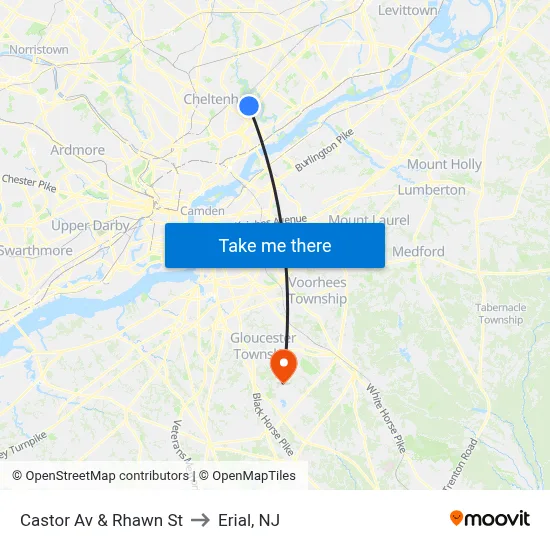 Castor Av & Rhawn St to Erial, NJ map