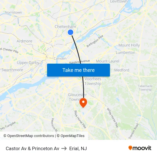 Castor Av & Princeton Av to Erial, NJ map
