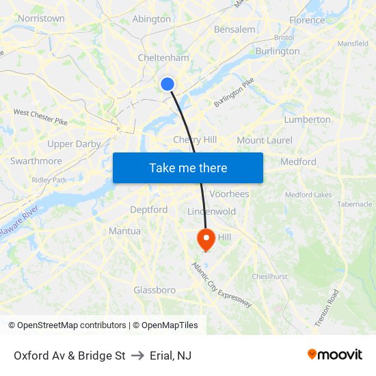 Oxford Av & Bridge St to Erial, NJ map
