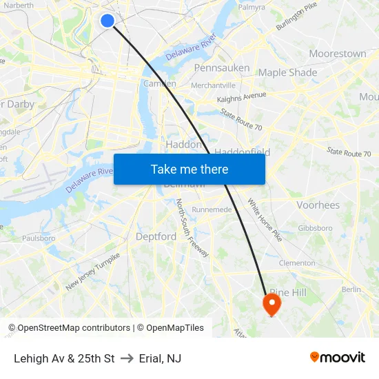 Lehigh Av & 25th St to Erial, NJ map