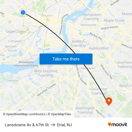 Lansdowne Av & 67th St to Erial, NJ map