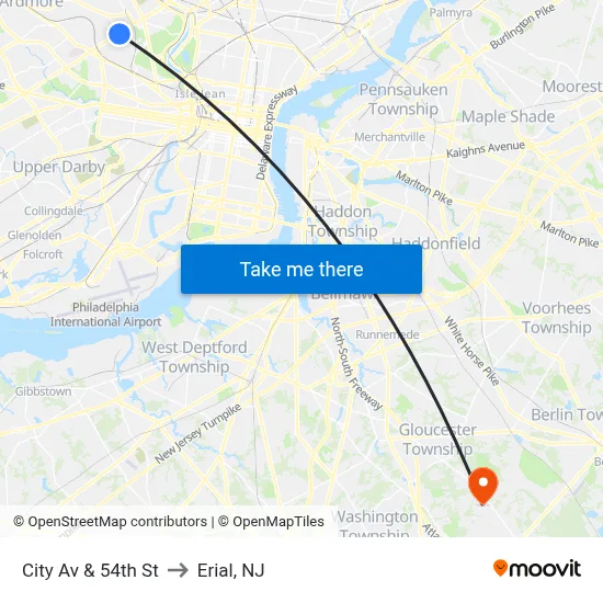 City Av & 54th St to Erial, NJ map